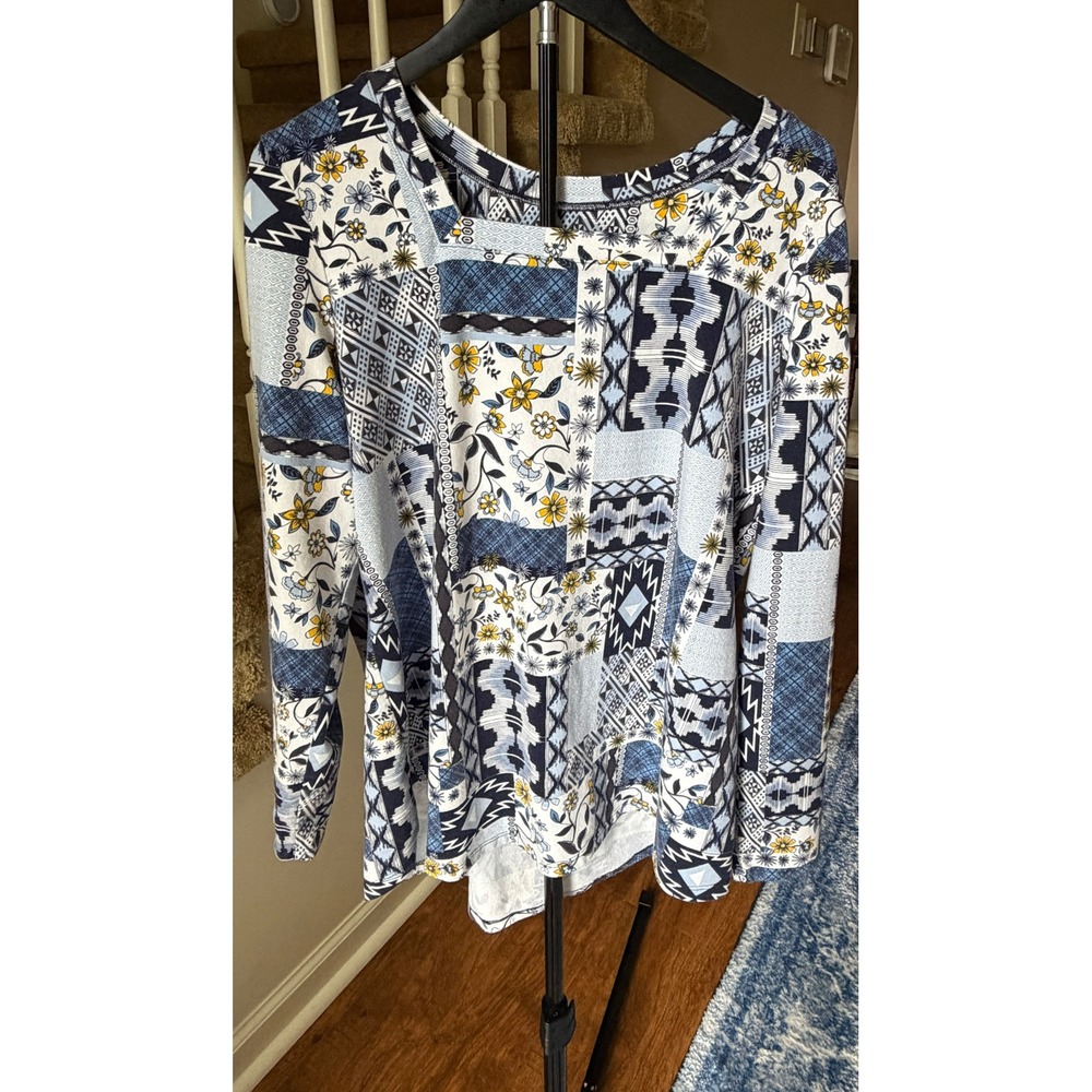 Denim & Co Blue Patchwork Floral Geometric Square Neck Top 1X